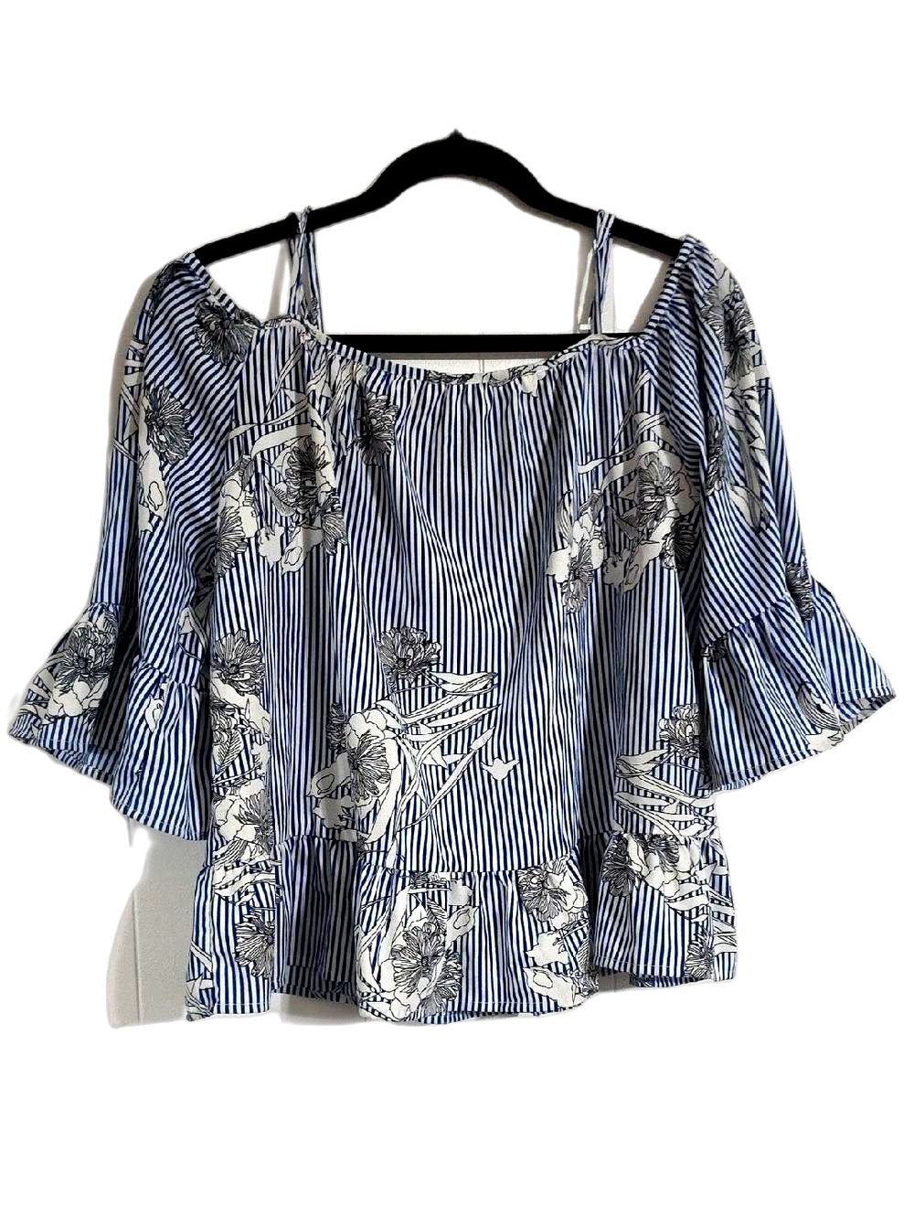 Style Envy Blue and White Striped Floral Off-Shoulder Top